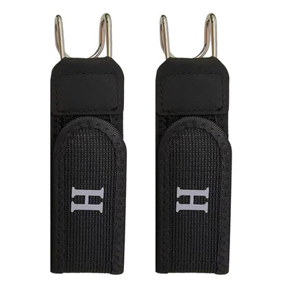 Two black strap enders with metal hooks on a white background