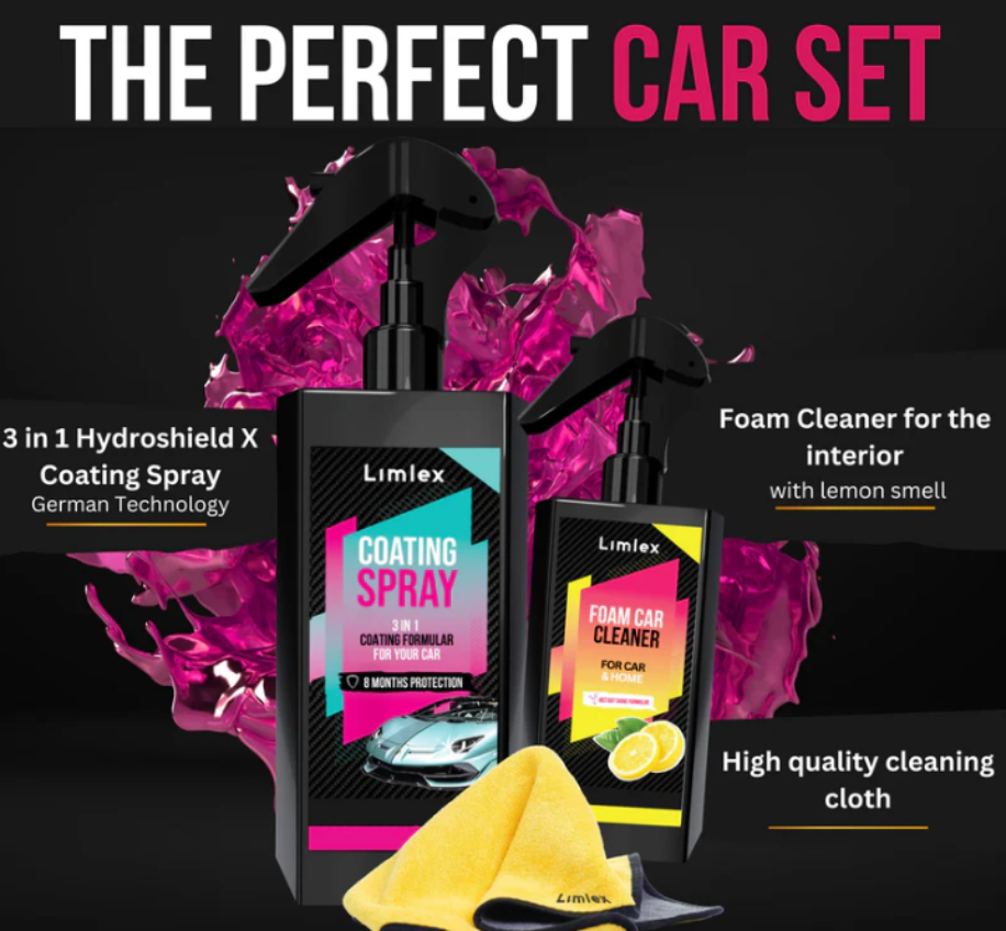 Car care product set with coating spray, foam cleaner, and cleaning cloth on a black background.