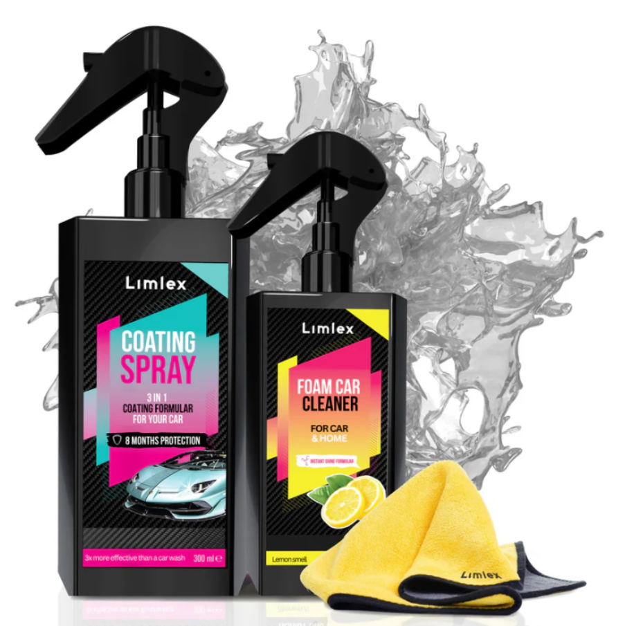 Two Limex car care products with a yellow towel on a white background