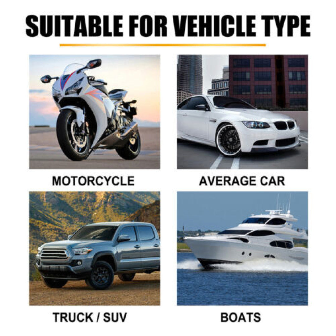 Illustration of vehicles including a motorcycle, car, truck, and boat with text indicating suitability for different vehicle types.