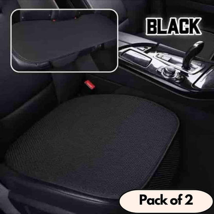 A black car seat bottom cover, displayed in a car interior, with a section highlighted in inset showing the cover's texture. A label at the top indicates the product is for sale and comes in a pack of two.