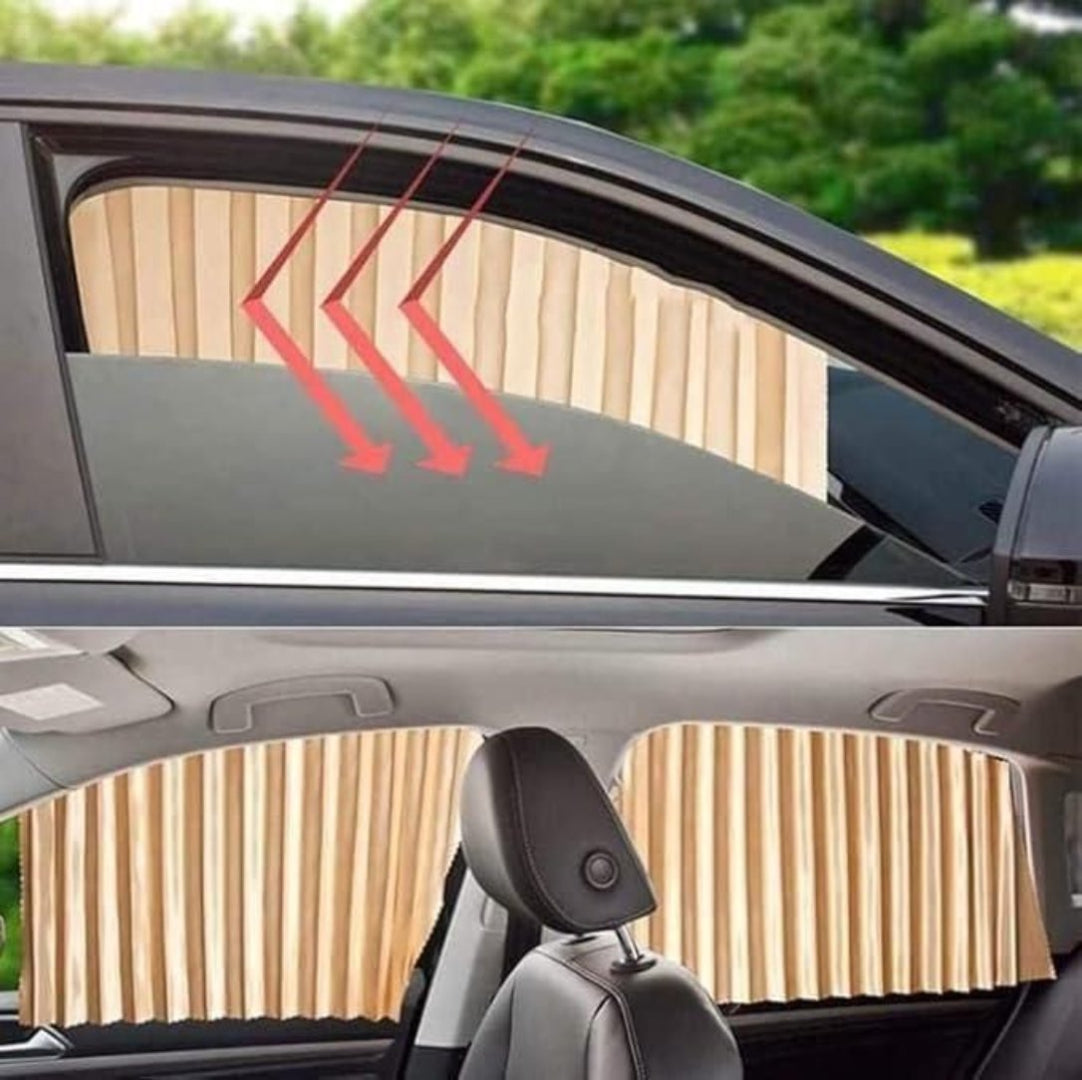 A set of beige thermal magnetic window sunshades installed on a car's front windows, with visible magnetic stripes and sunshade cloth.