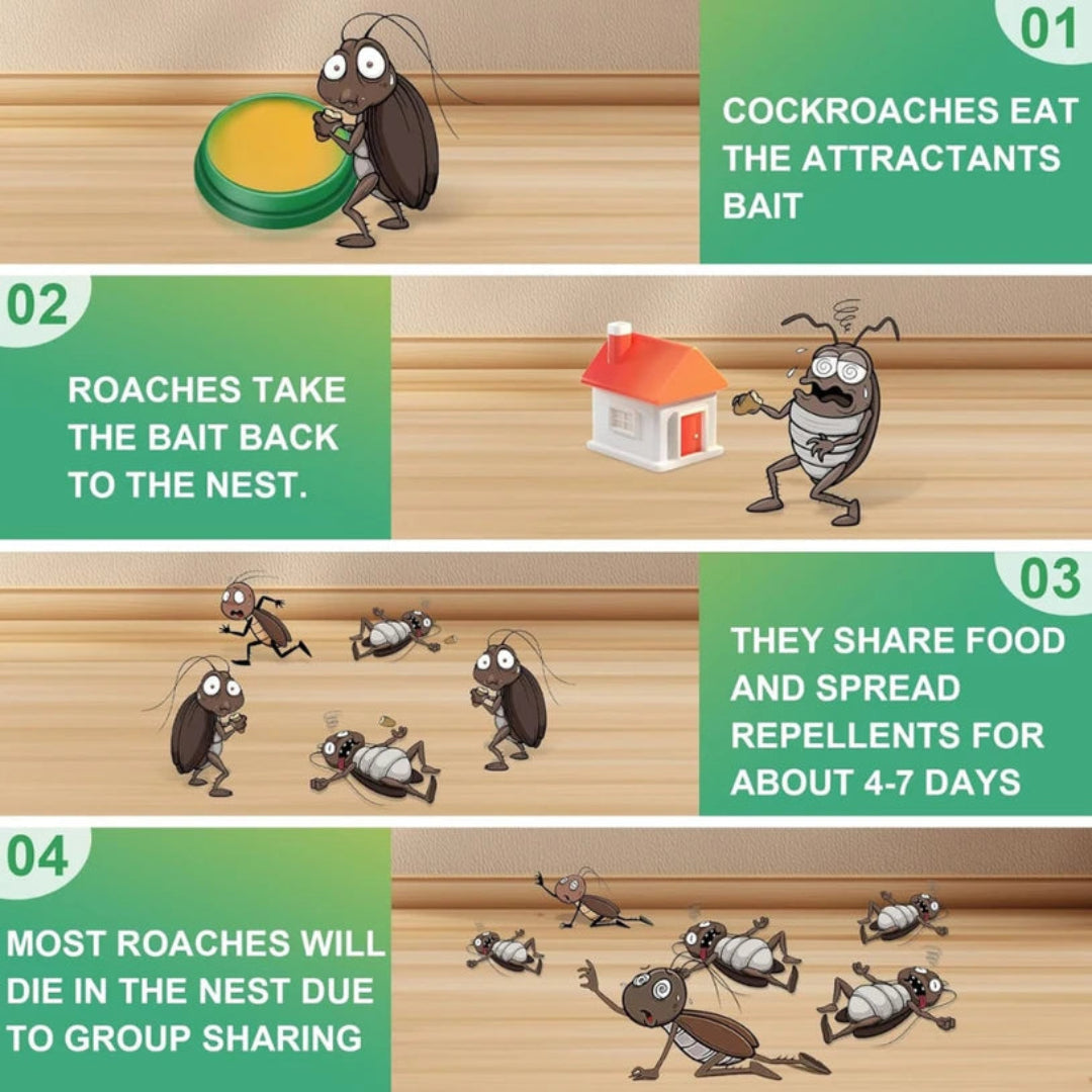 Animated sequence showing cockroaches interacting with bait and repellents.