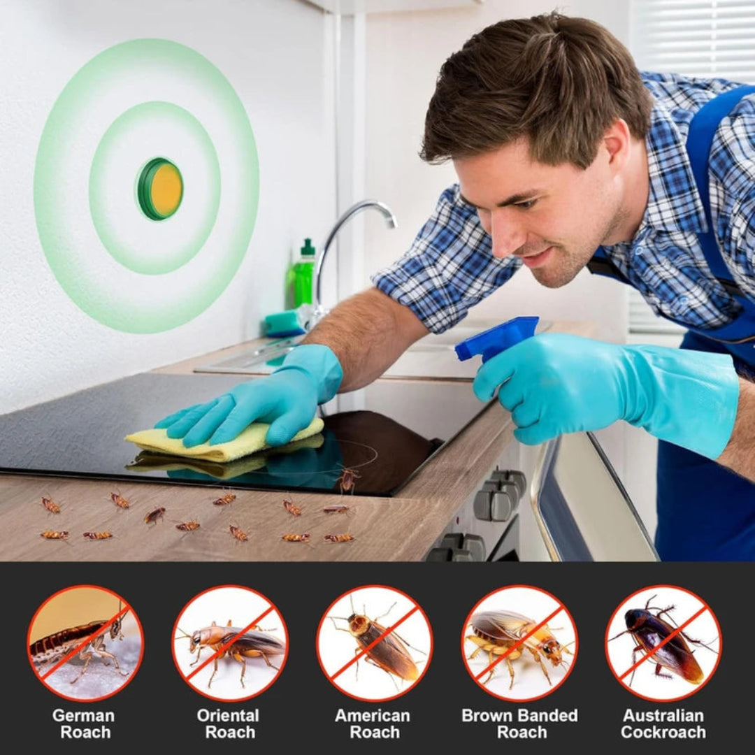 Man cleaning a kitchen counter with gloves on, using a spray bottle and cloth. Roach and cockroach illustrations are shown below.