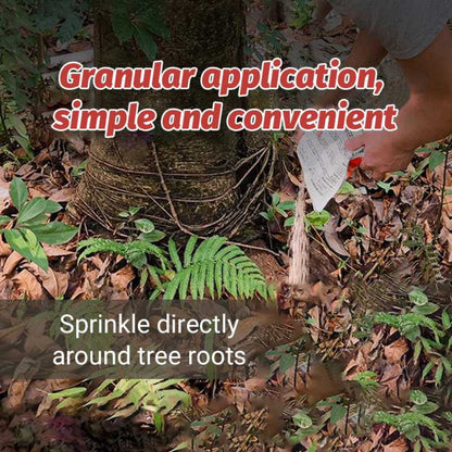 Person applying granular fertilizer around a tree with text on application method.