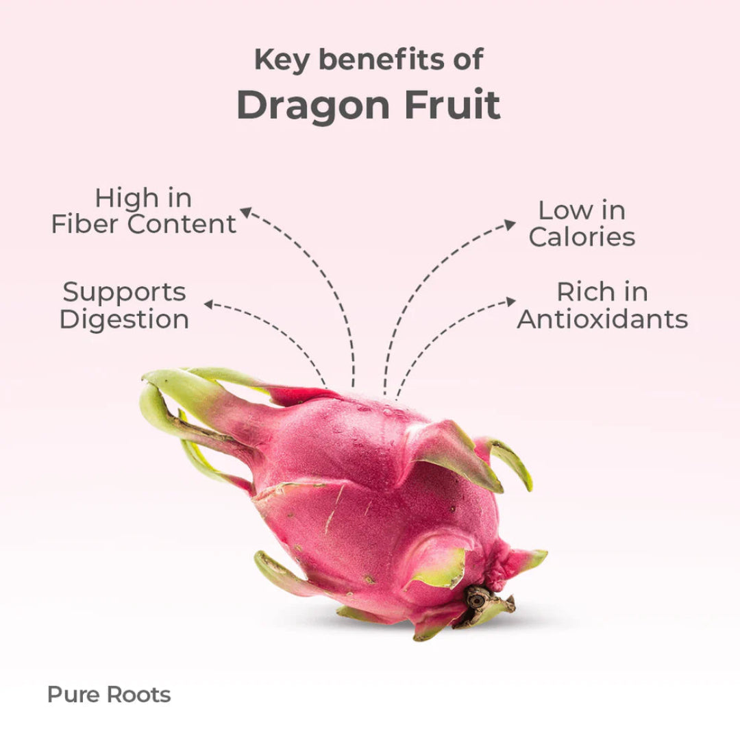 Dragon fruit with key benefits listed on a white background