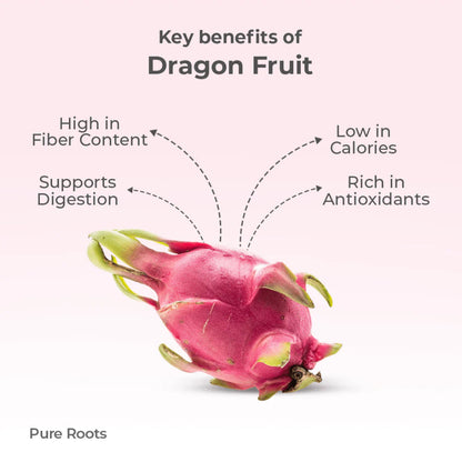 Dragon fruit with key benefits listed on a white background