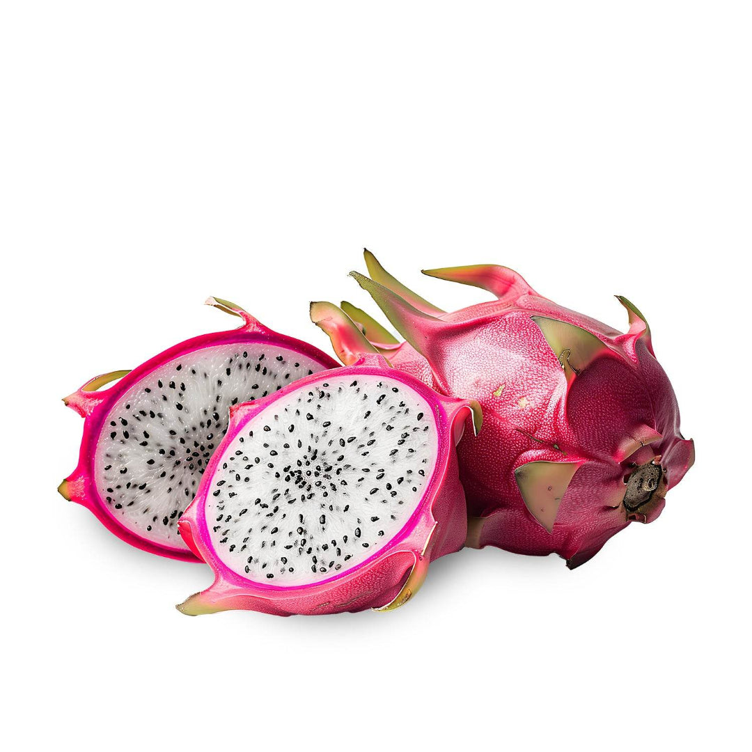 Dragon fruit cut in half on a white background