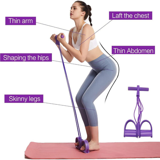 Woman using a purple resistance band with labeled parts on a white background