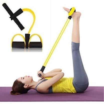 Woman using resistance bands for exercise on a purple mat with a close-up of the bands in the corner.