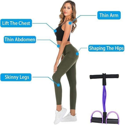 Woman in workout attire with fitness equipment labeled for different body parts on a white background