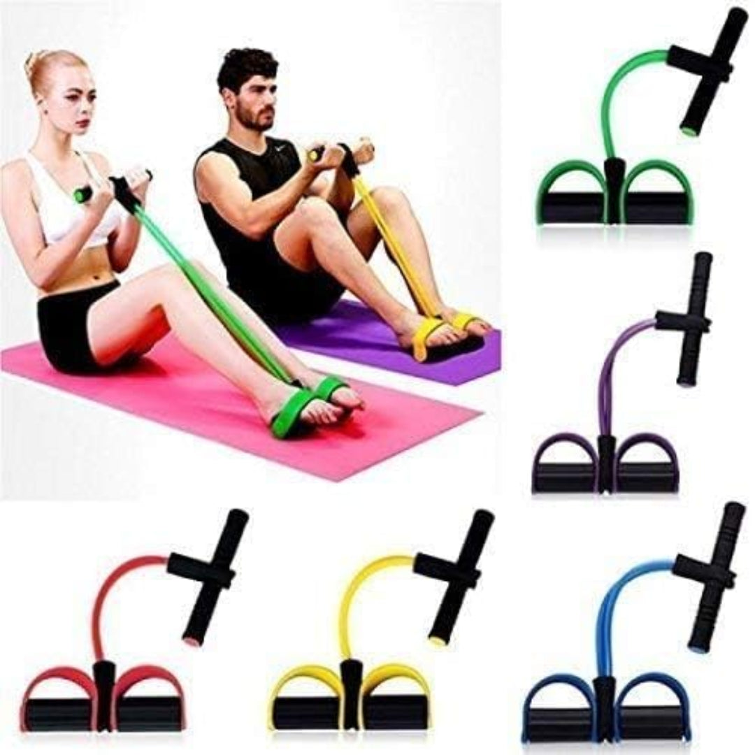 Resistance bands with handles used for exercise, shown on people and displayed separately.