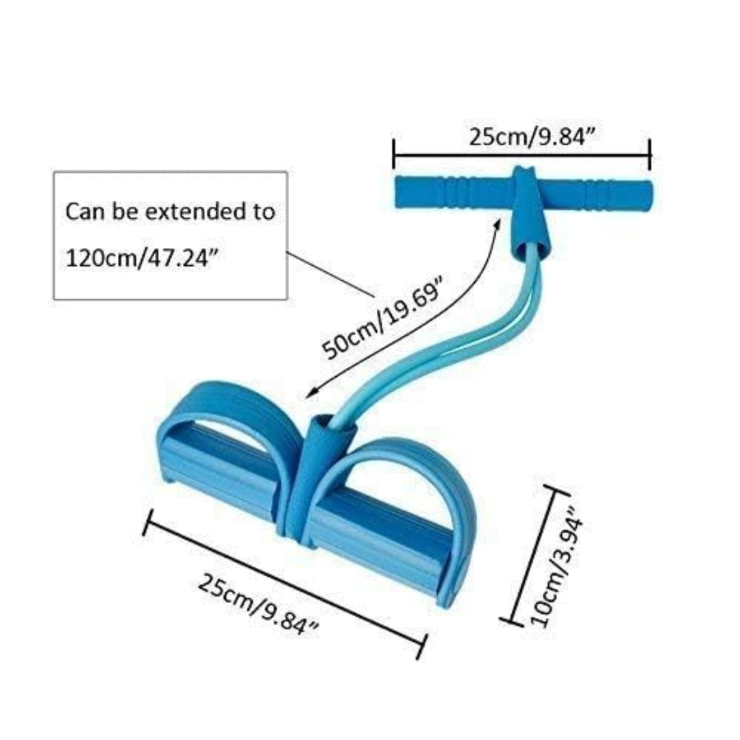 Blue resistance band with measurement details on a white background
