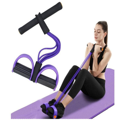 Woman exercising with a resistance band on a white background
