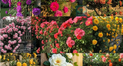 Collage of various flowers including roses and mums.