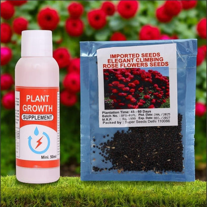 Plant growth supplement bottle and rose flower seeds packet with red flowers in the background