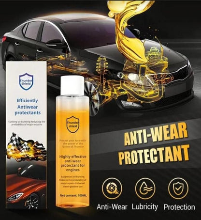 A bottle of Engine Anti-Wear Protectant with a car in the background, highlighting the product's use for vehicle engines.