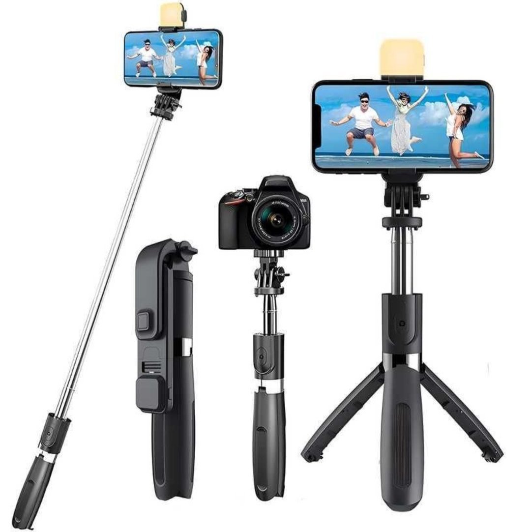 A 3-in-1 extendable selfie stick tripod with Bluetooth remote in black color, shown in different configurations as a selfie stick, a tripod, and with the built-in flash activated.