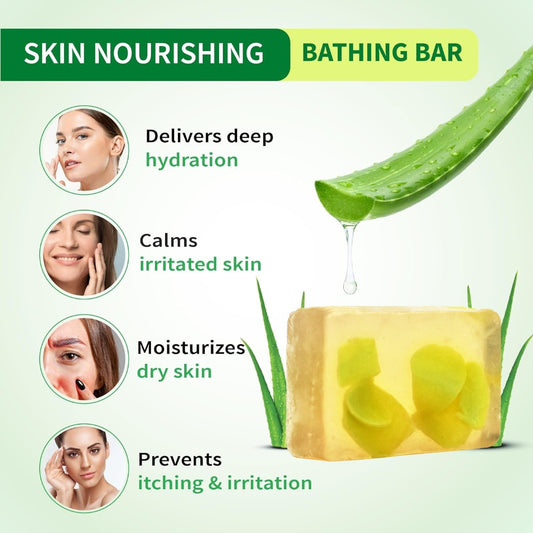 Skin nourishing bathing bar with aloe vera extract on a green background