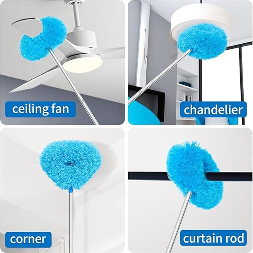 Blue duster used on ceiling fan, chandelier, corner, and curtain rod with labels.