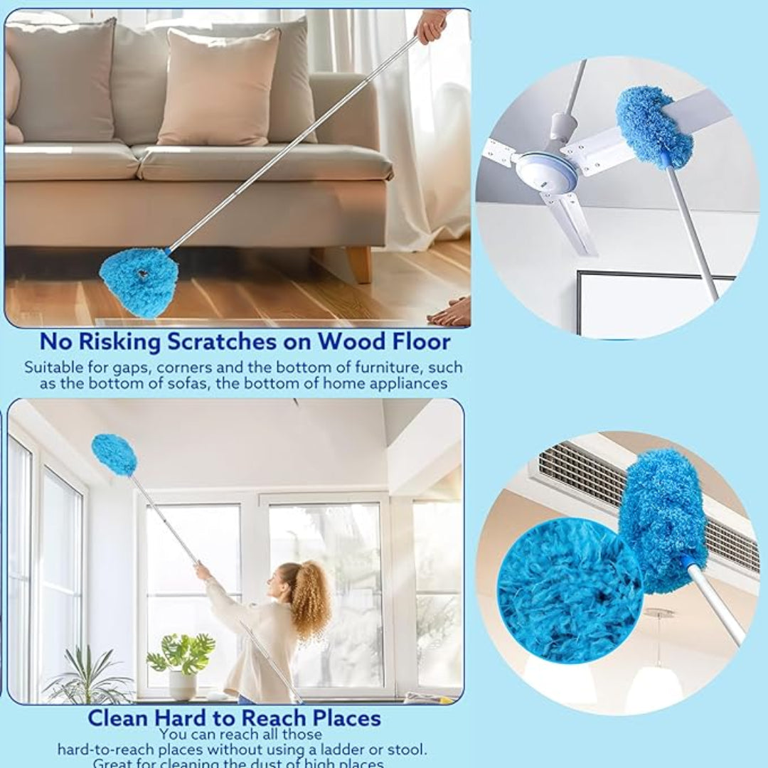 Cleaning tool with blue bristles used for cleaning various surfaces including a sofa, windows, and air conditioner.