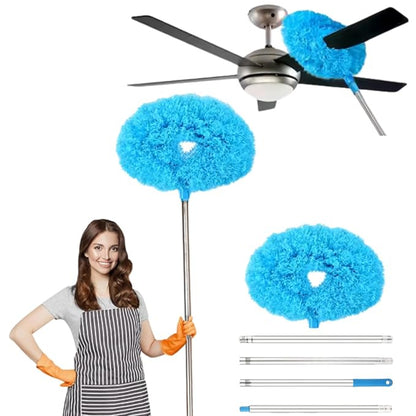 Cleaning tool with blue microfiber head, woman holding it, and ceiling fan illustration.