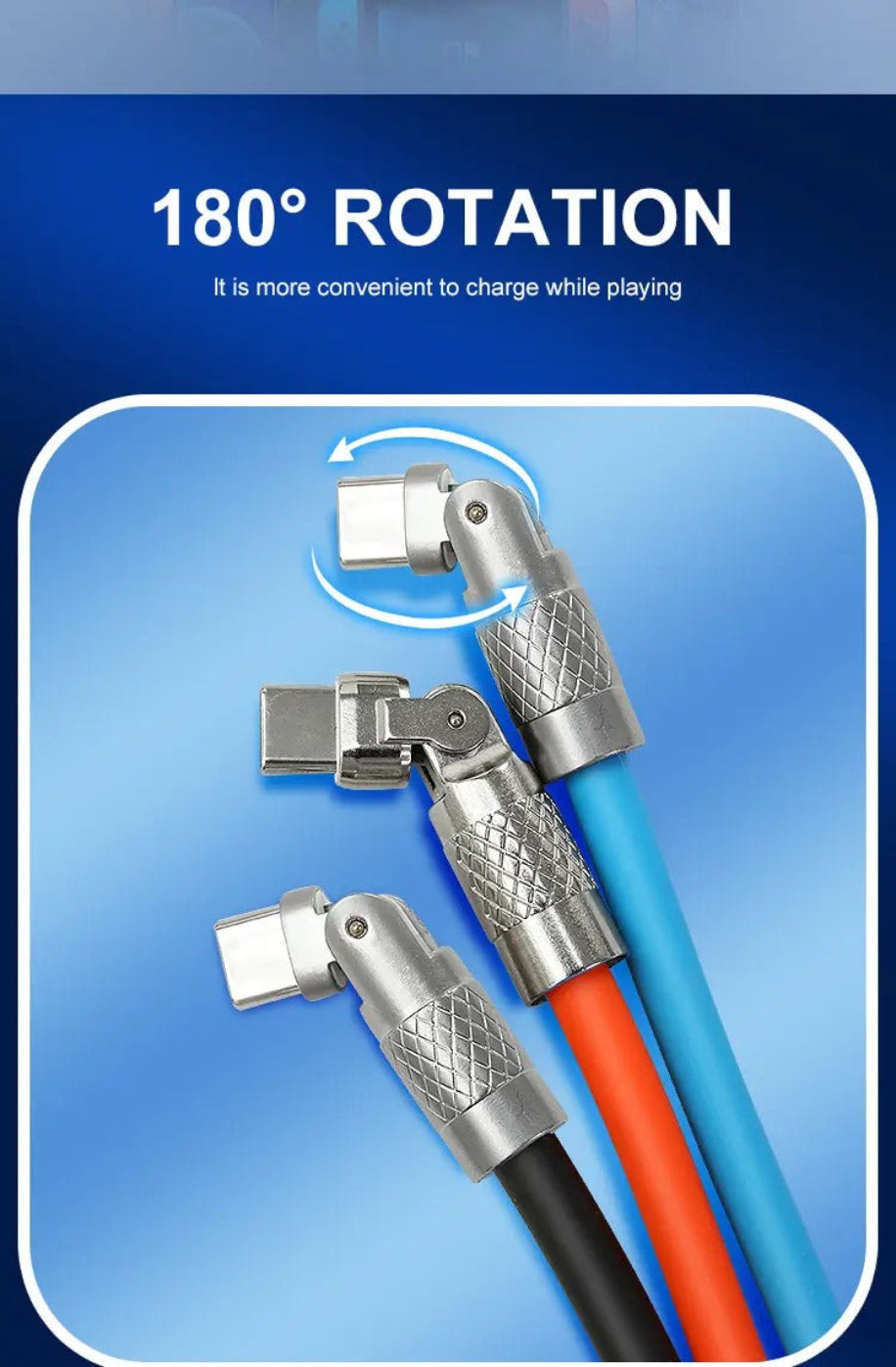 Two USB cables with 180-degree rotation feature on a blue background