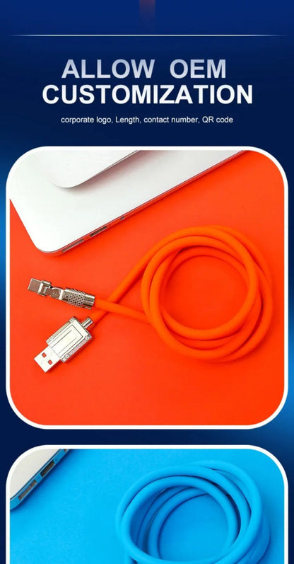 Orange cable with connectors on an orange background, with text about OEM customization.