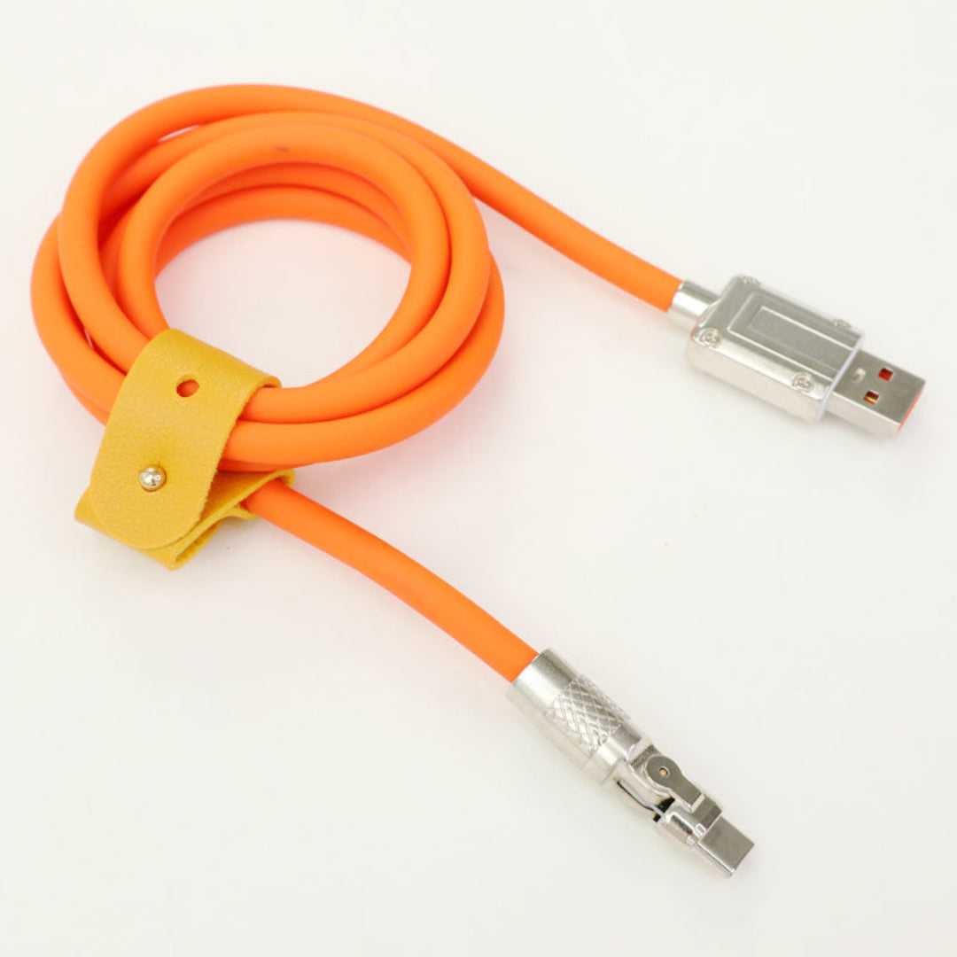 Orange cable with metal connectors on a white background