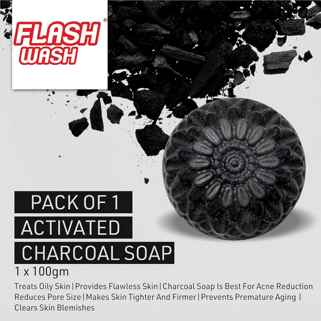 Activated charcoal soap with packaging displaying 'Flash Wash' brand.