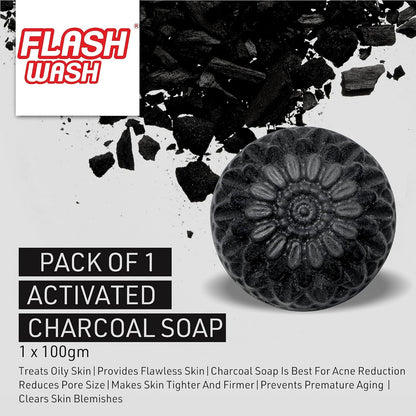 Activated charcoal soap with packaging displaying 'Flash Wash' brand.