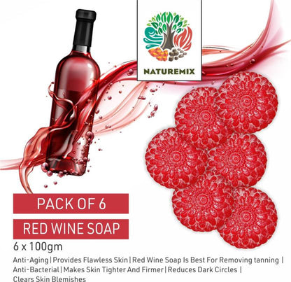 Red wine soap packaging with a bottle of red wine and red wine soap bars on a white background, featuring the Naturemix brand.