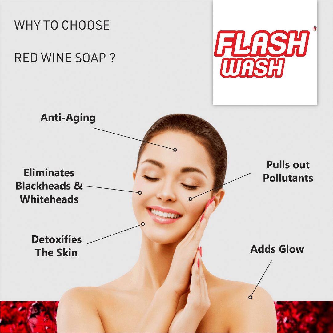 Advertisement for Flash Wash Red Wine Soap with a woman touching her face, highlighting benefits.