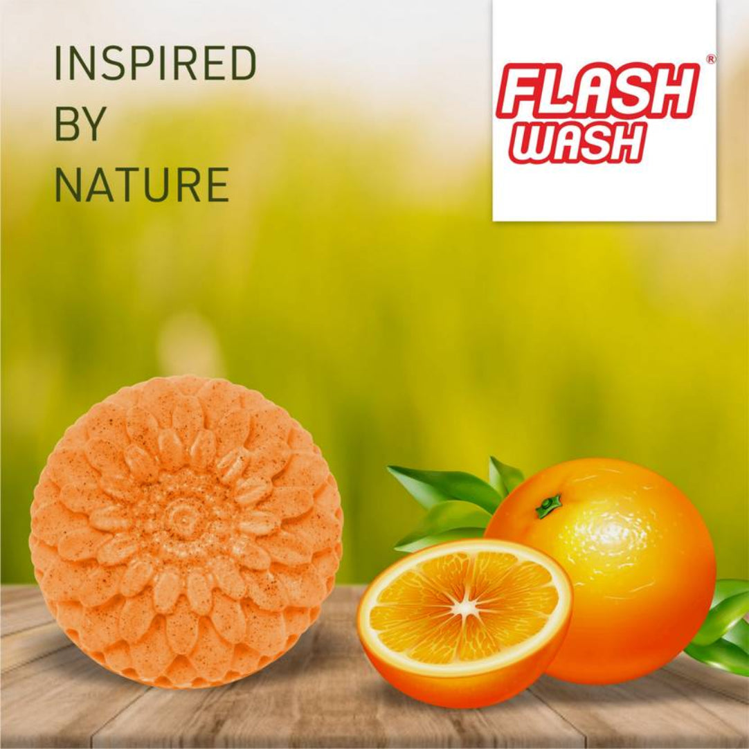 Orange soap bar with oranges on a wooden surface, inspired by nature, with 'Flash Wash' branding.