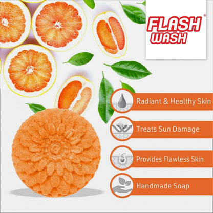 Orange soap bar with 'Flash Wash' branding and benefits listed on a white background.