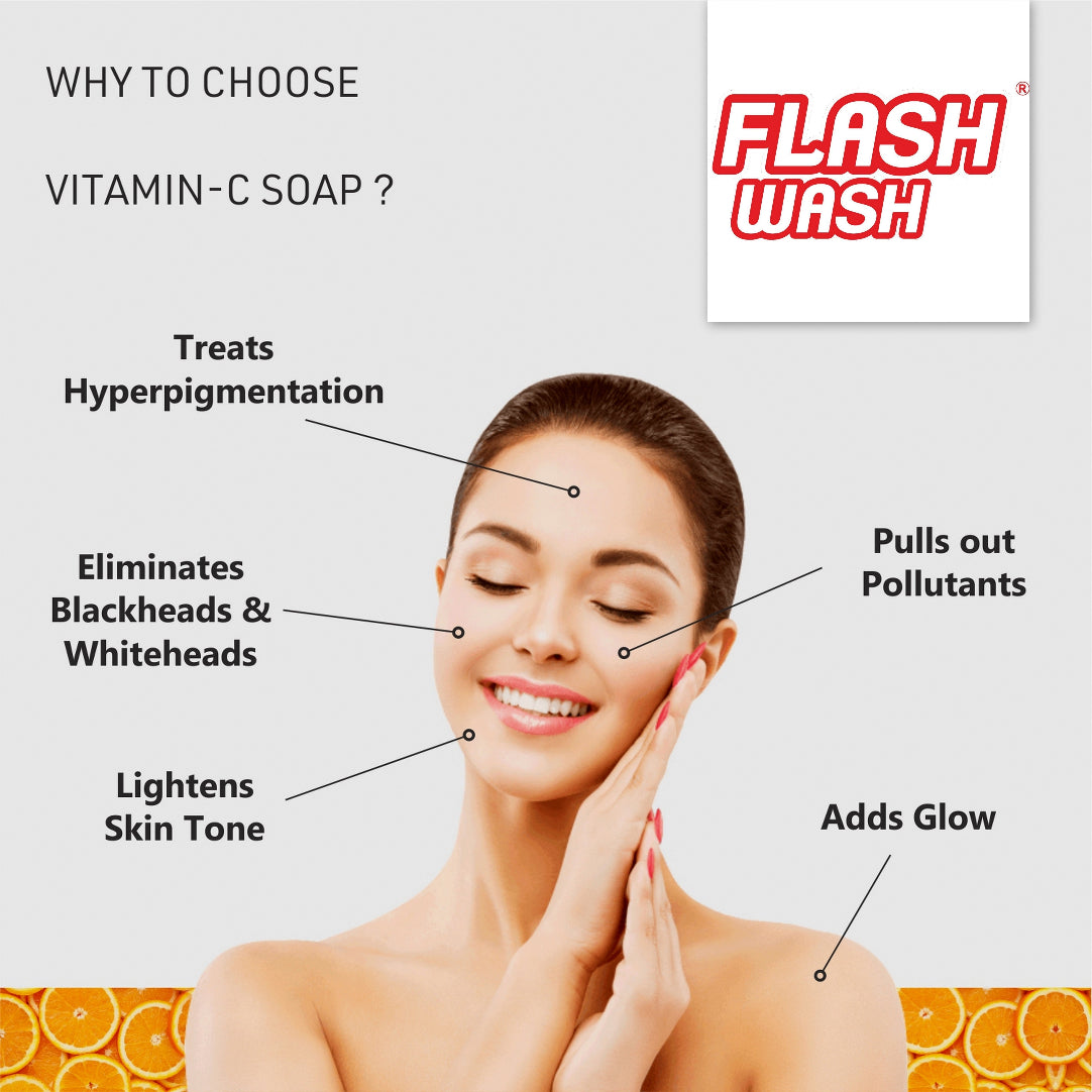 Advertisement for Flash Wash Vitamin-C Soap with a woman touching her face, highlighting product benefits.