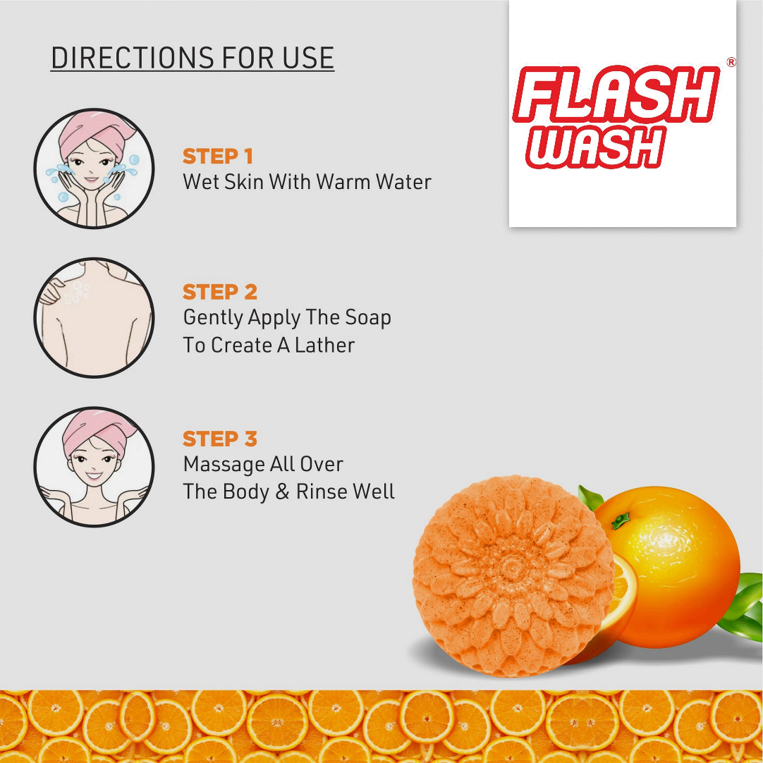 Flash Wash soap bar with directions for use and branding on a light gray background
