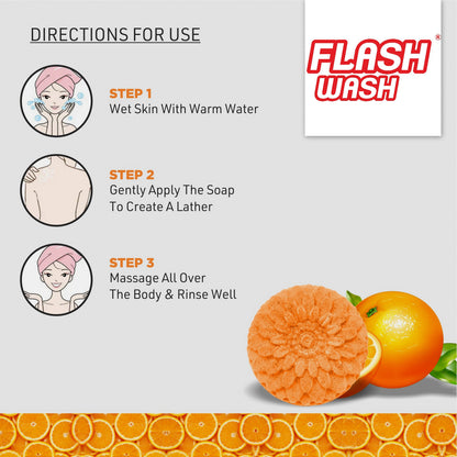 Flash Wash soap bar with directions for use and branding on a light gray background