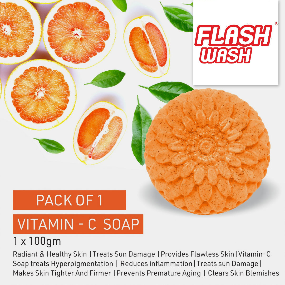 Orange soap bar with grapefruit slices and leaves on a white background, featuring the Flash Wash brand.