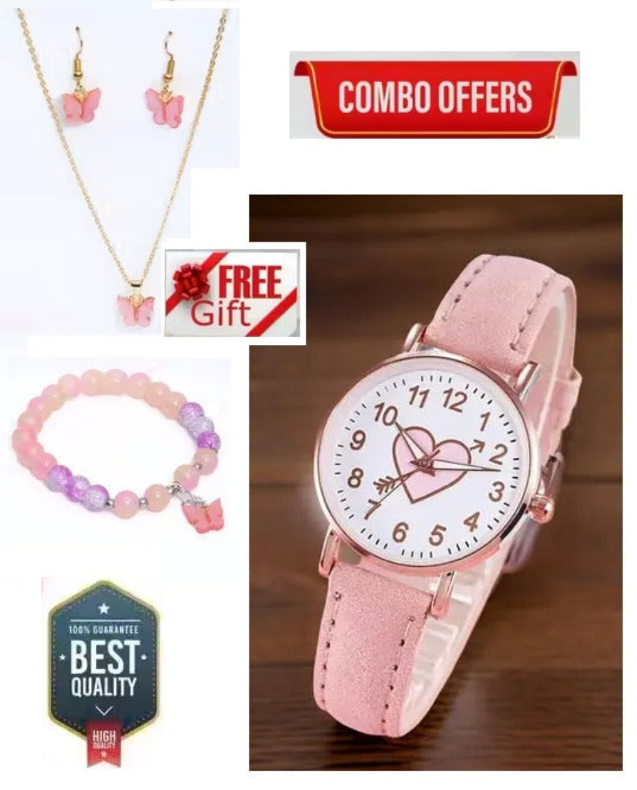 Pink watch with heart design, necklace, earrings, and bracelet on a white background with combo offer text.