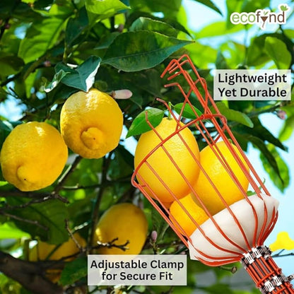 Orange fruit picker with lemons on a tree, featuring ecofind branding.