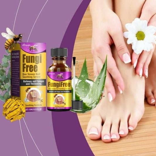 A promotional image of a nail treatment serum called 'Fungi Free Bee Venom' in a 15ml bottle, accompanied by a dropper, with an open bottle and a few drops on a person's foot, indicating the product's use for nail care. The background includes a picture of bees and a flower, suggesting the natural ingredients of the serum.