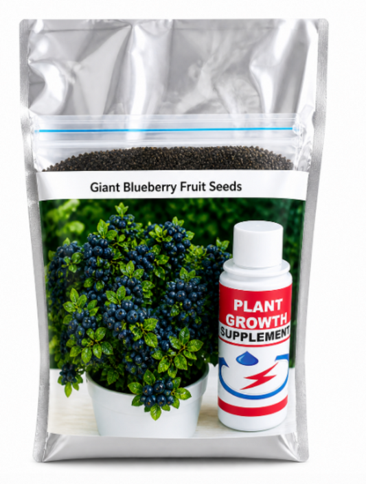 Package of Giant Blueberry Fruit Seeds with a plant growth supplement on a white background