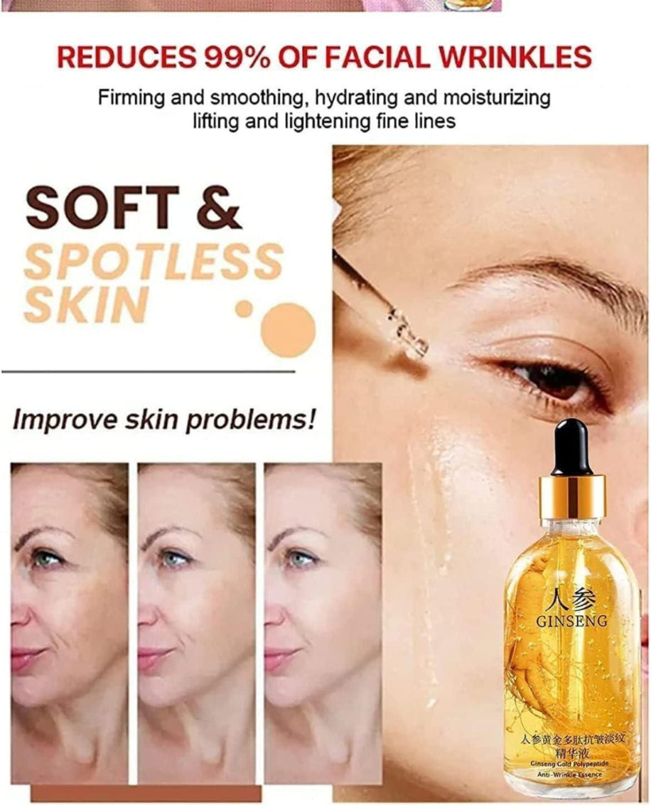 Advertisement for skincare product with text and images of a dropper bottle and before-and-after effects on skin.