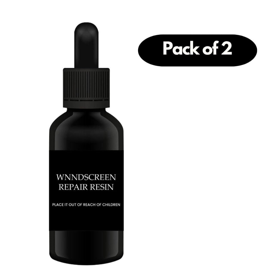 Black bottle of windscreen repair resin with dropper labeled 'Pack of 2' on a white background