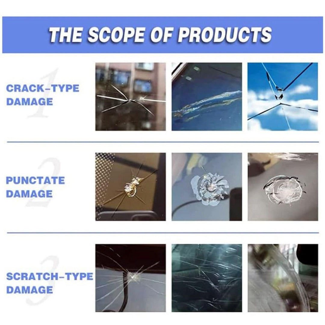 Illustration of various types of car windshield damage including cracks, punctures, and scratches.