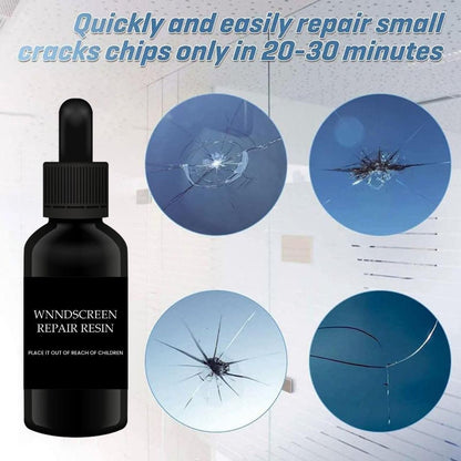 Bottle of windshield repair resin with cracked glass images on a white background