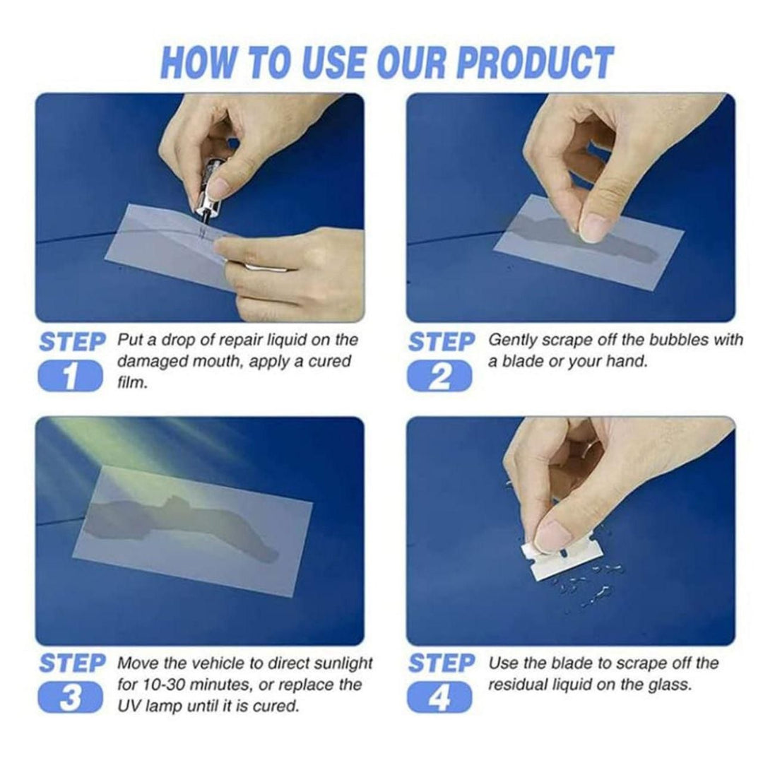 Step-by-step guide on how to use a product for repairing glass with text and images of hands performing actions.