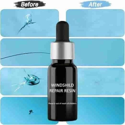 Bottle of Windshield Repair Resin with 'Before' and 'After' images on a blue background