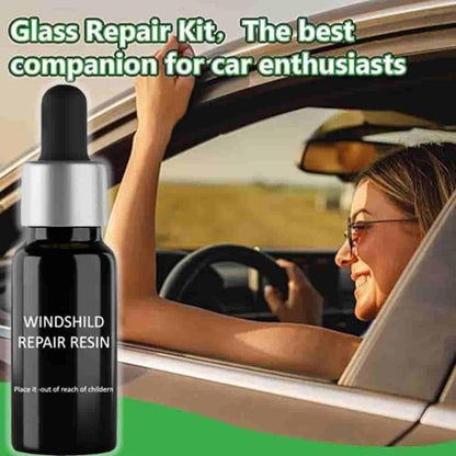 Bottle of windshield repair resin with a woman driving a car and text about the product.